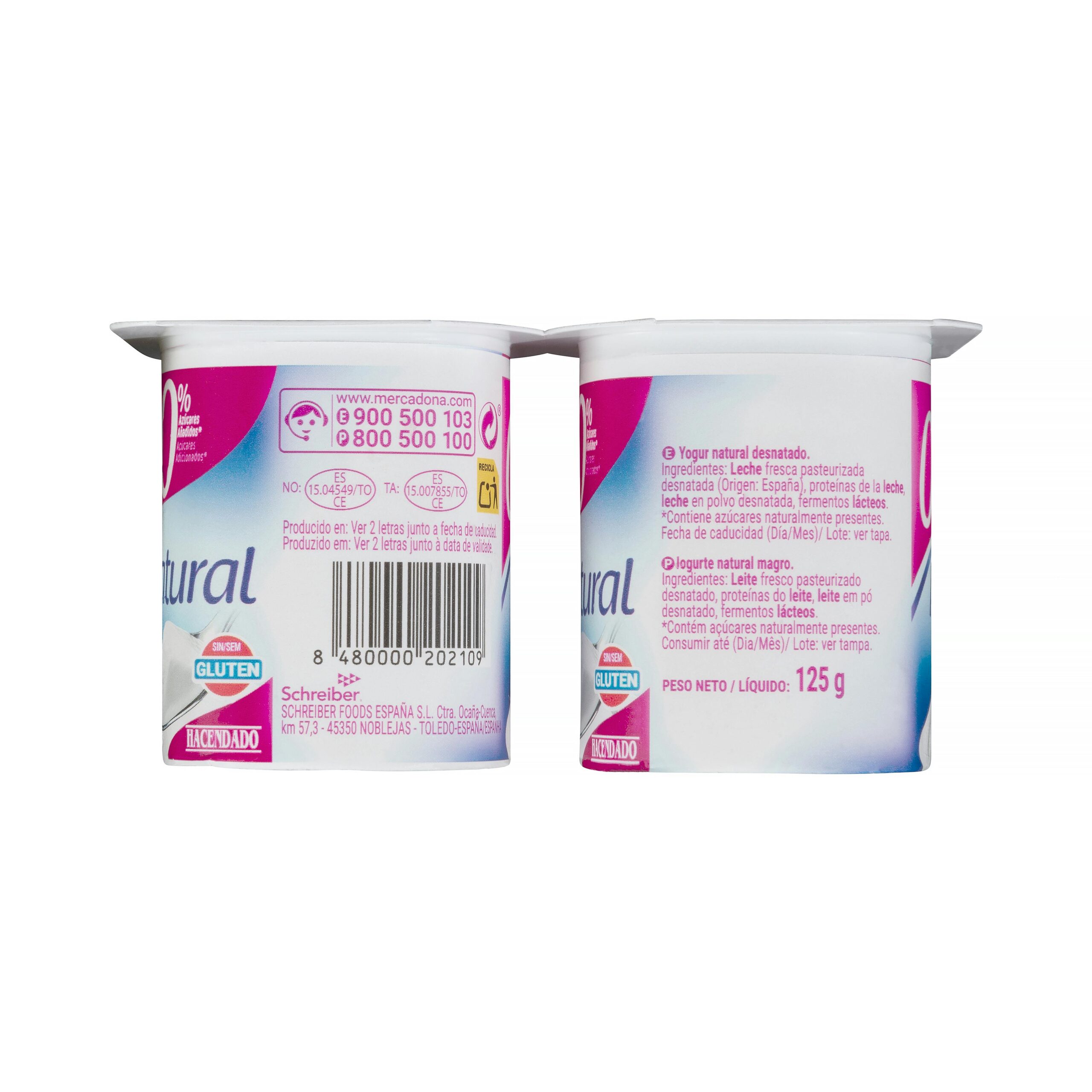 Etiqueta Yogur natural Hacendado 0% m.g 0% sin azúcares